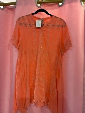 Johnny Was Sheer Orange Embroidered Short Sleeve Blouse- size large